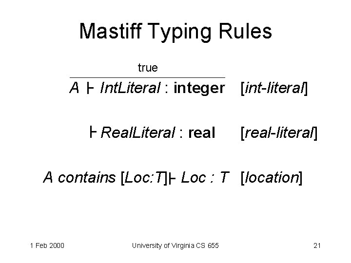 Mastiff Typing Rules true A Int. Literal : integer [int-literal] Real. Literal : real