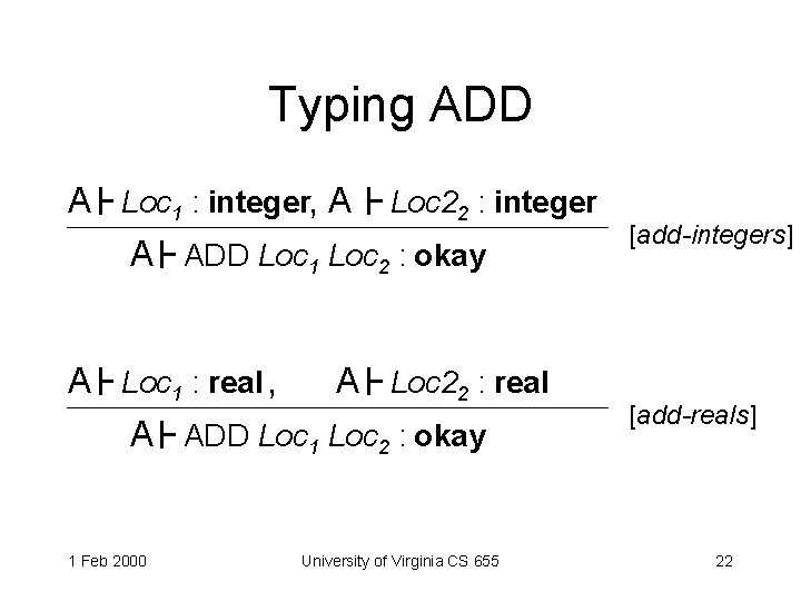 Typing ADD A Loc 1 : integer, A Loc 22 : integer A ADD