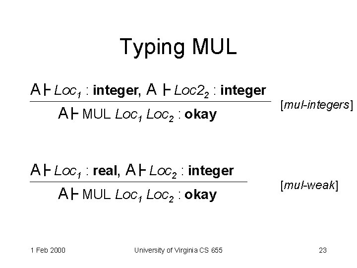 Typing MUL A Loc 1 : integer, A Loc 22 : integer A MUL