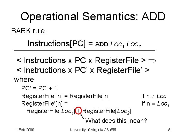 Operational Semantics: ADD BARK rule: Instructions[PC] = ADD Loc 1 Loc 2 < Instructions