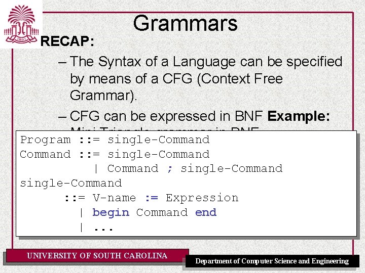 Grammars RECAP: – The Syntax of a Language can be specified by means of