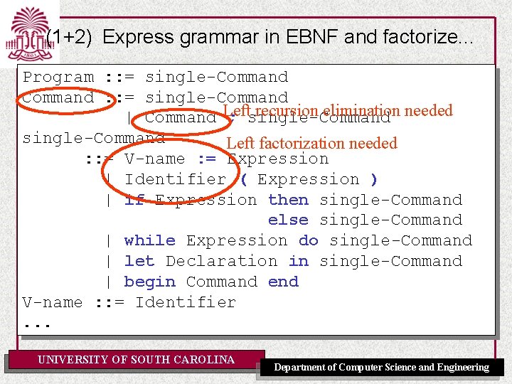 (1+2) Express grammar in EBNF and factorize. . . Program : : = single-Command