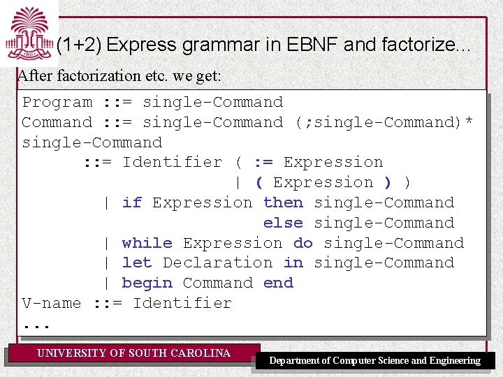 (1+2) Express grammar in EBNF and factorize. . . After factorization etc. we get:
