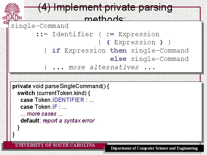 (4) Implement private parsing methods: single-Command : : = Identifier ( : = Expression