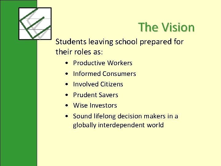 The Vision Students leaving school prepared for their roles as: • • • Productive