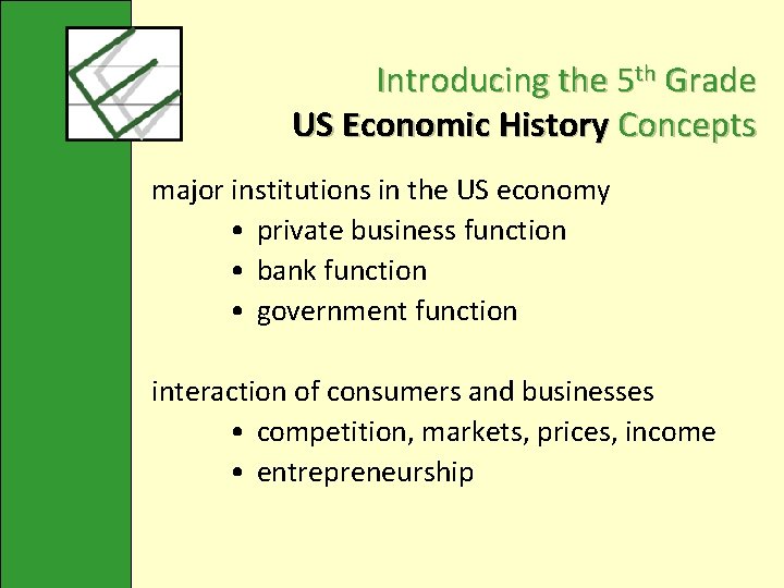 Introducing the 5 th Grade US Economic History Concepts major institutions in the US