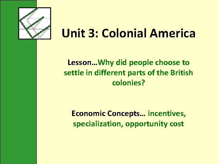 Unit 3: Colonial America Lesson…Why did people choose to settle in different parts of