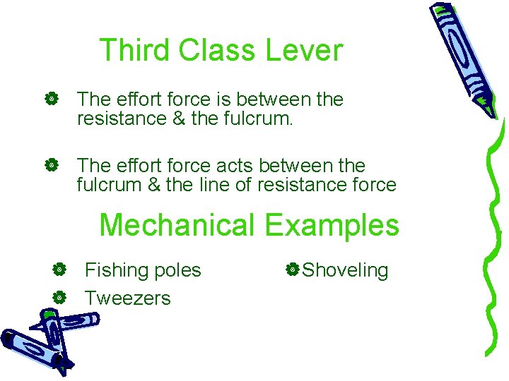 Third Class Lever The effort force is between the resistance & the fulcrum. The