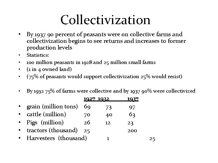 Collectivization • By 1937 90 percent of peasants were on collective farms and collectivization