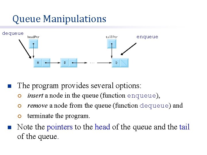Queue Manipulations dequeue n The program provides several options: ¡ insert a node in