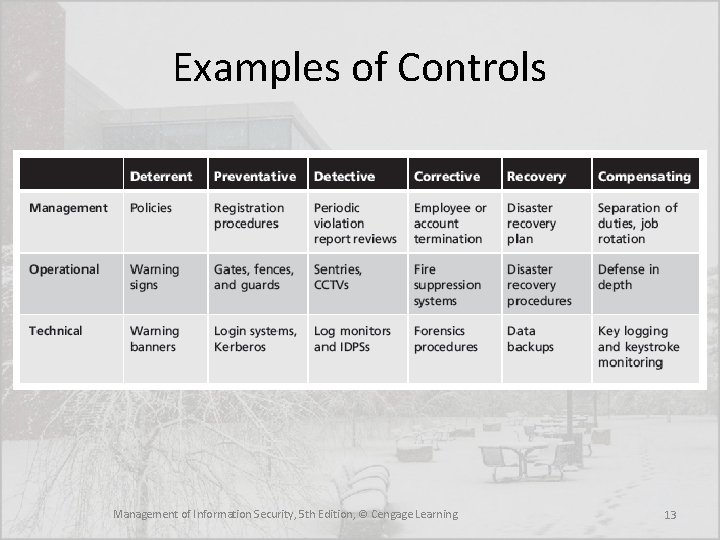Examples of Controls Management of Information Security, 5 th Edition, © Cengage Learning 13