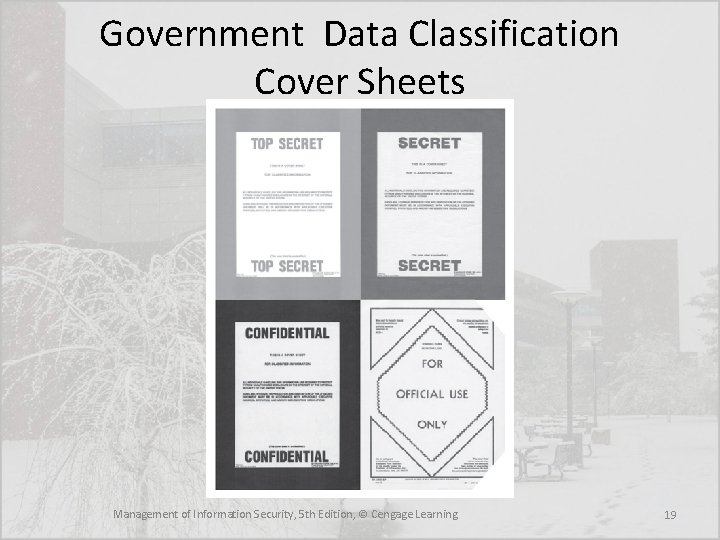 Government Data Classification Cover Sheets Management of Information Security, 5 th Edition, © Cengage