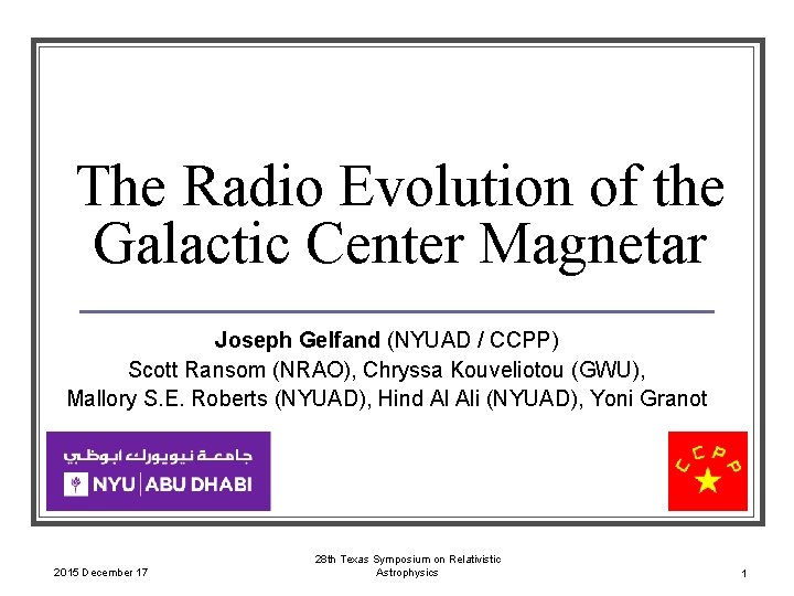 The Radio Evolution of the Galactic Center Magnetar Joseph Gelfand (NYUAD / CCPP) Scott