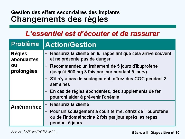 Gestion des effets secondaires des implants Changements des règles L’essentiel est d’écouter et de