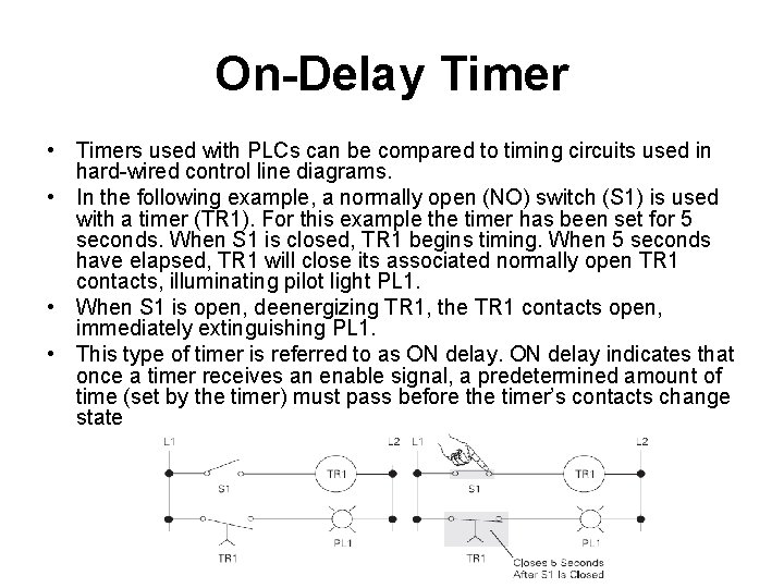 On-Delay Timer • Timers used with PLCs can be compared to timing circuits used