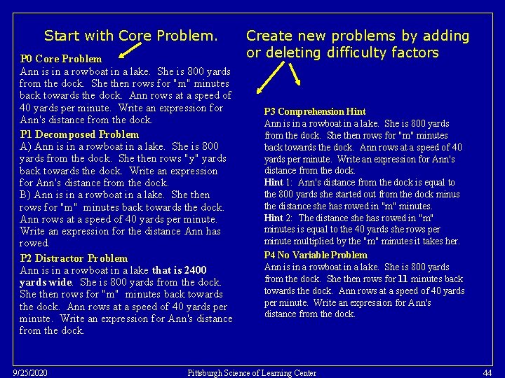 Start with Core Problem. P 0 Core Problem Ann is in a rowboat in