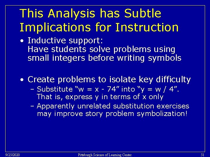 This Analysis has Subtle Implications for Instruction • Inductive support: Have students solve problems