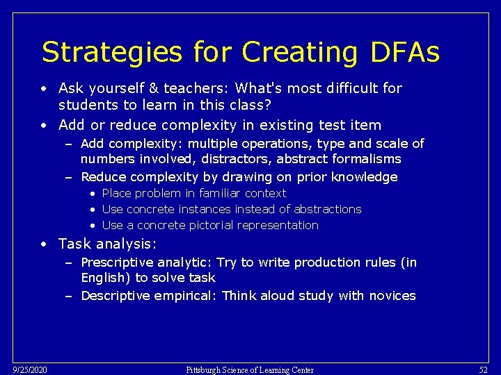 Strategies for Creating DFAs • Ask yourself & teachers: What's most difficult for students