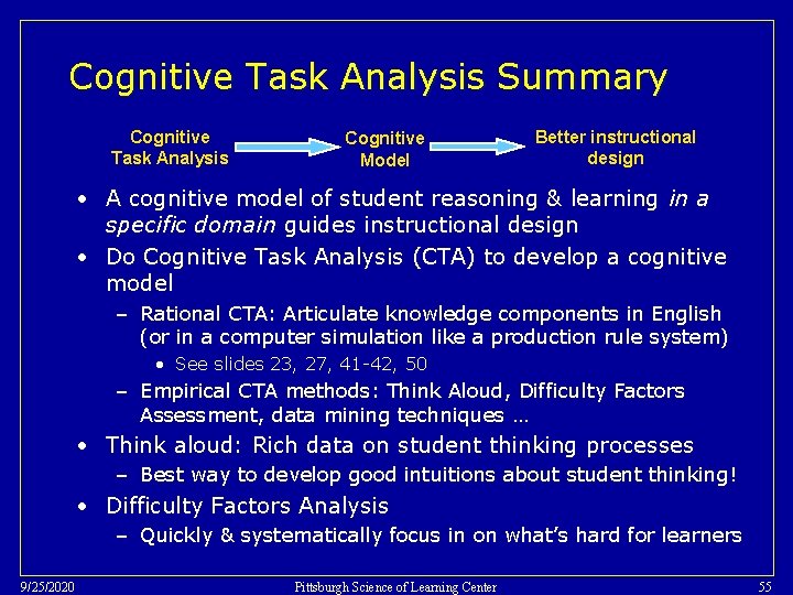 Cognitive Task Analysis Summary Cognitive Task Analysis Cognitive Model Better instructional design • A