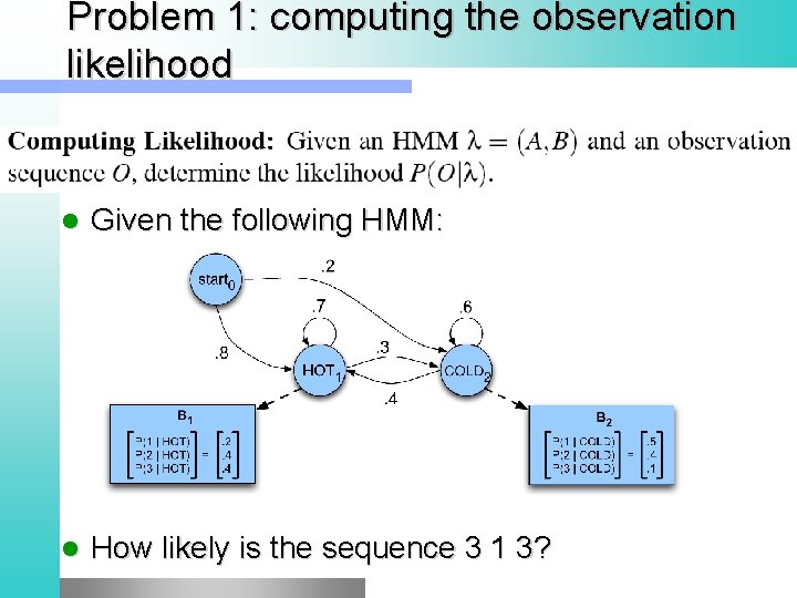 Problem 1: computing the observation likelihood l Given the following HMM: l How likely