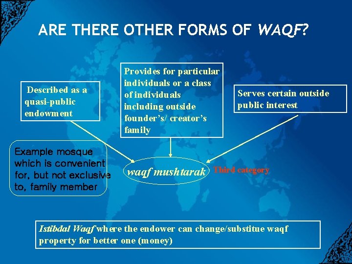 ARE THERE OTHER FORMS OF WAQF? Described as a quasi-public endowment Example mosque which