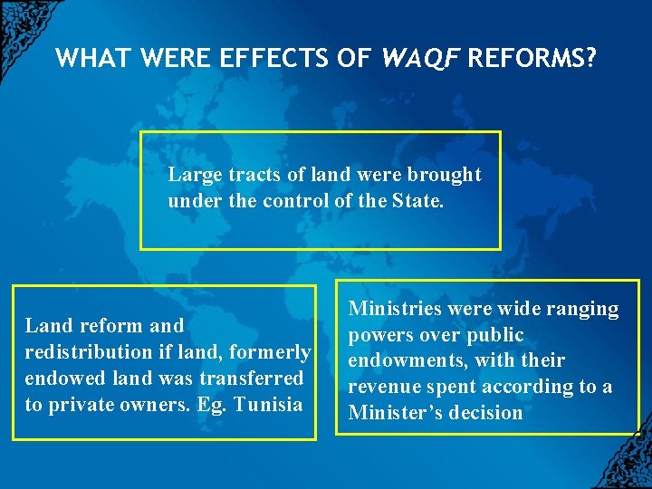 WHAT WERE EFFECTS OF WAQF REFORMS? Large tracts of land were brought under the