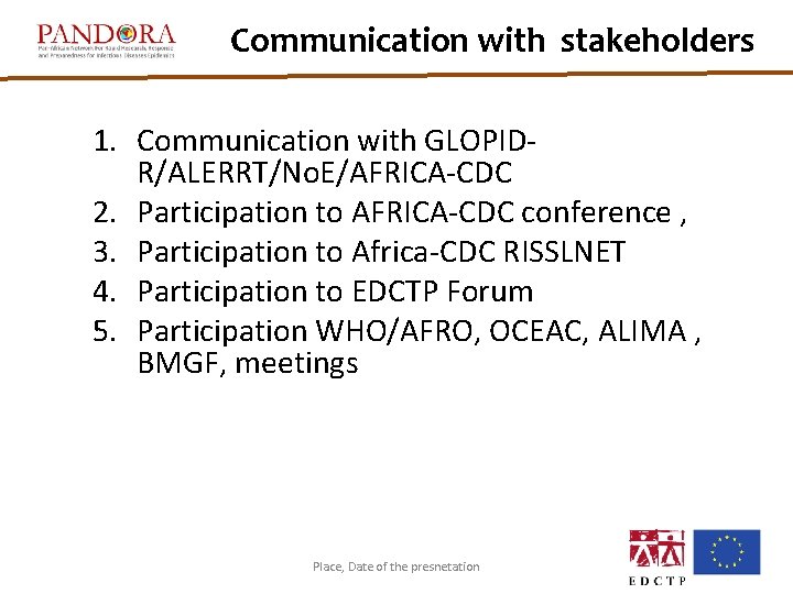 Communication with stakeholders 1. Communication with GLOPIDR/ALERRT/No. E/AFRICA-CDC 2. Participation to AFRICA-CDC conference , Communication with stakeholders 1. Communication with GLOPIDR/ALERRT/No. E/AFRICA-CDC 2. Participation to AFRICA-CDC conference ,