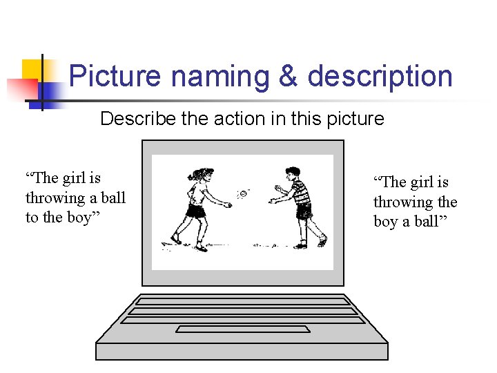 Picture naming & description Describe the action in this picture “The girl is throwing