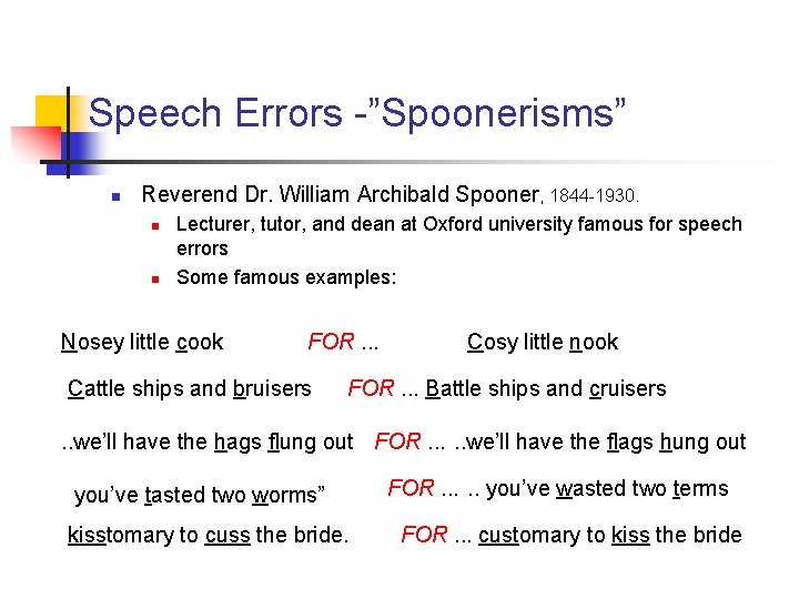 Speech Errors -”Spoonerisms” n Reverend Dr. William Archibald Spooner, 1844 -1930. n n Lecturer,