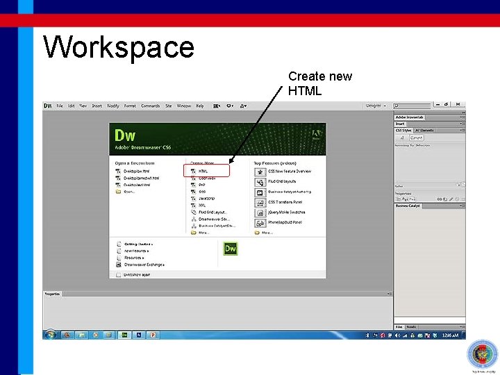 Workspace Create new HTML 
