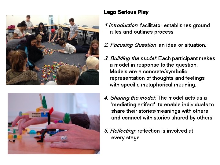 Lego Serious Play 1 Introduction: facilitator establishes ground rules and outlines process 2. Focusing