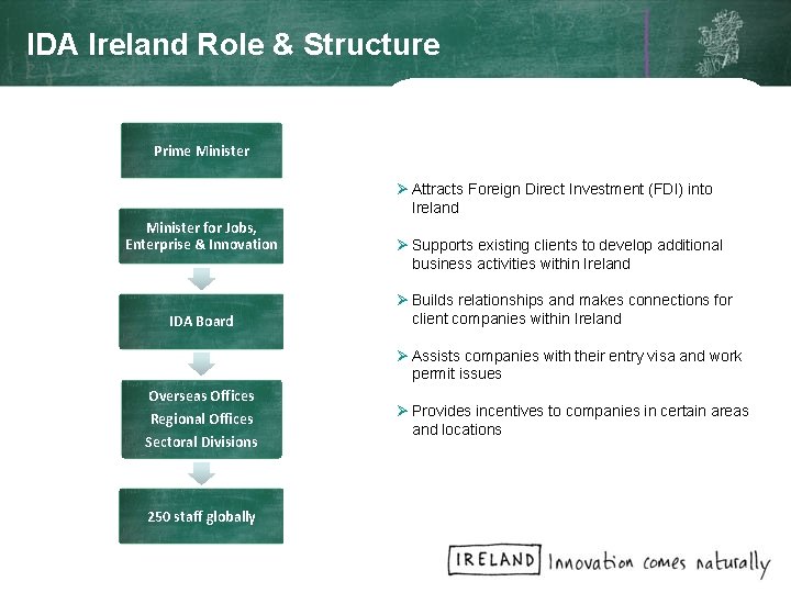 IDA Ireland Role & Structure Prime Minister Ø Attracts Foreign Direct Investment (FDI) into