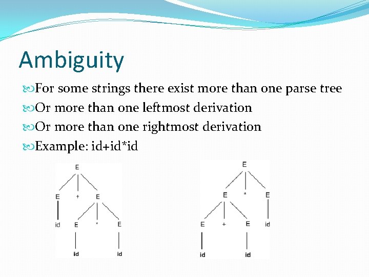 Ambiguity For some strings there exist more than one parse tree Or more than Ambiguity For some strings there exist more than one parse tree Or more than
