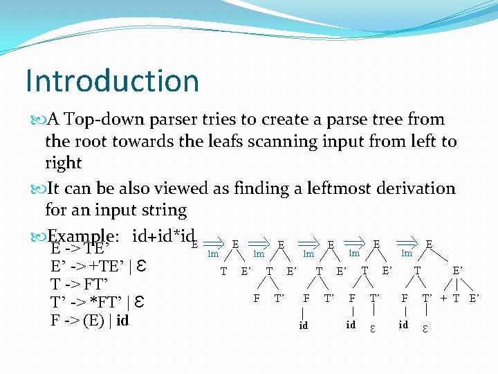 Introduction A Top-down parser tries to create a parse tree from the root towards Introduction A Top-down parser tries to create a parse tree from the root towards