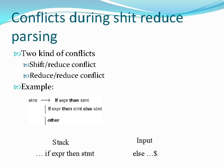 Conflicts during shit reduce parsing Two kind of conflicts Shift/reduce conflict Reduce/reduce conflict Example: Conflicts during shit reduce parsing Two kind of conflicts Shift/reduce conflict Reduce/reduce conflict Example: