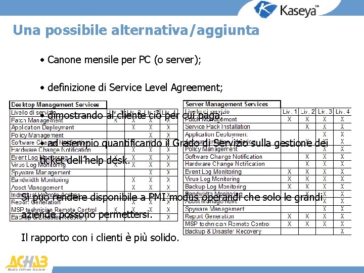 Una possibile alternativa/aggiunta • Canone mensile per PC (o server); • definizione di Service
