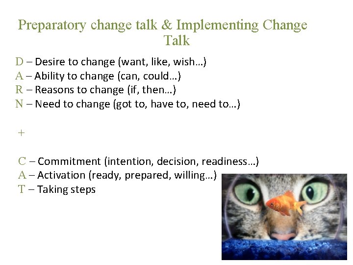 Preparatory change talk & Implementing Change Talk D – Desire to change (want, like,