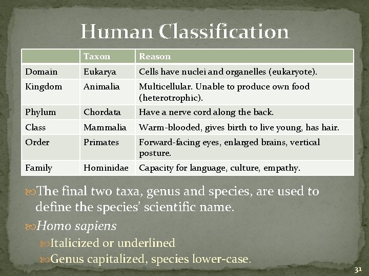 Human Classification Taxon Reason Domain Eukarya Cells have nuclei and organelles (eukaryote). Kingdom Animalia