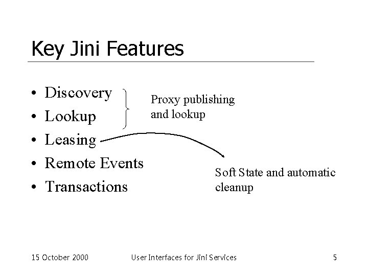 Key Jini Features • • • Discovery Lookup Leasing Remote Events Transactions 15 October