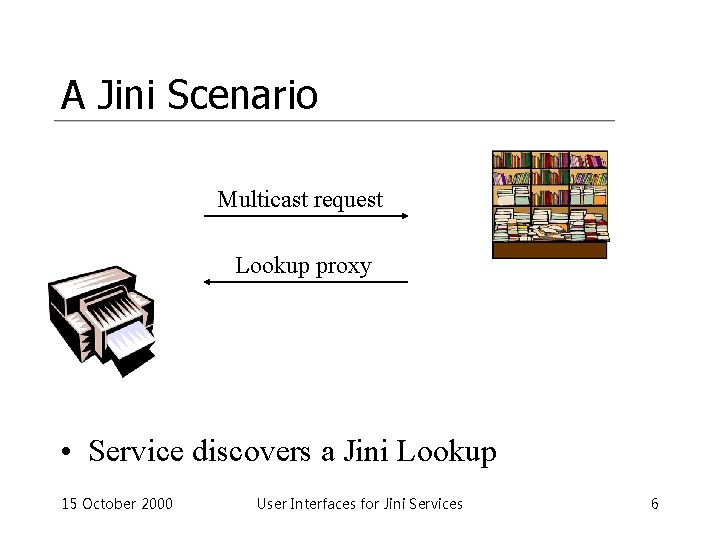 A Jini Scenario Multicast request Lookup proxy • Service discovers a Jini Lookup 15
