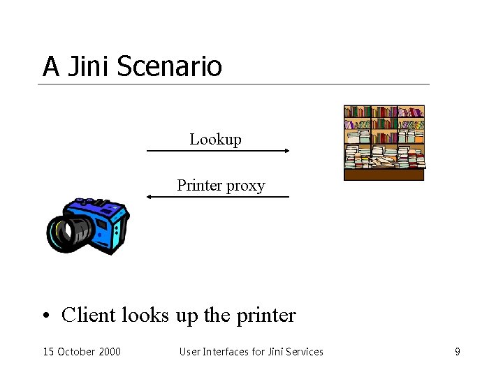 A Jini Scenario Lookup Printer proxy • Client looks up the printer 15 October