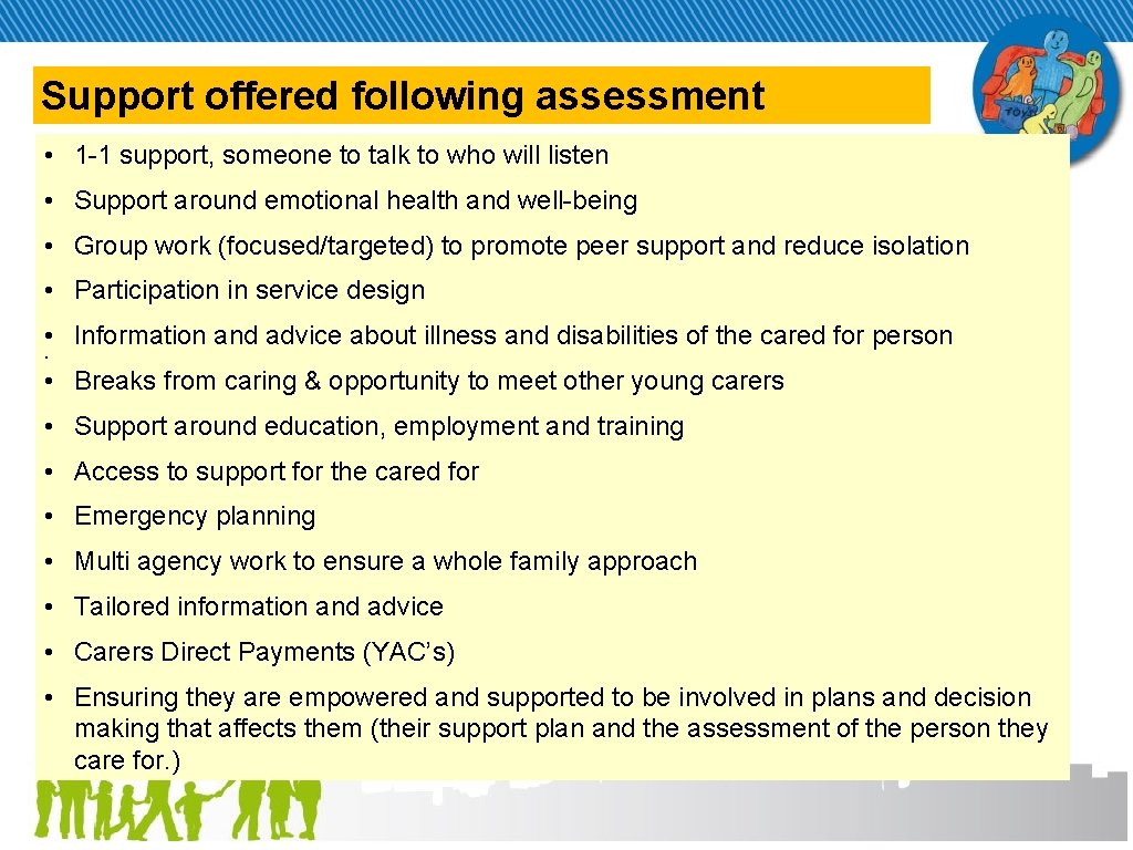 Support offered following assessment • 1 -1 support, someone to talk to who will
