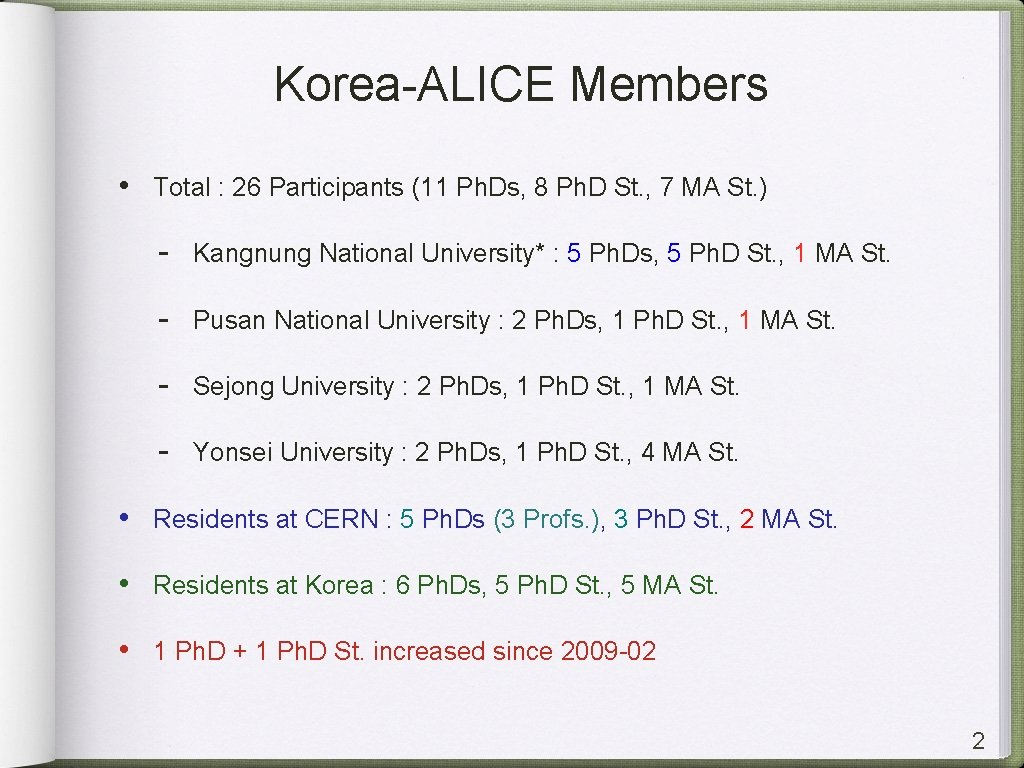 Korea-ALICE Members • Total : 26 Participants (11 Ph. Ds, 8 Ph. D St.