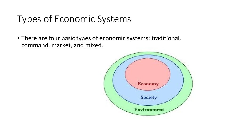 Types of Economic Systems • There are four basic types of economic systems: traditional,
