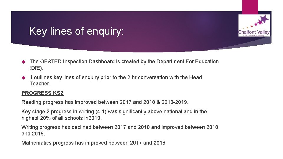 Key lines of enquiry: The OFSTED Inspection Dashboard is created by the Department For