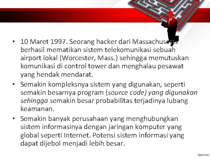  • 10 Maret 1997. Seorang hacker dari Massachusetts berhasil mematikan sistem telekomunikasi sebuah