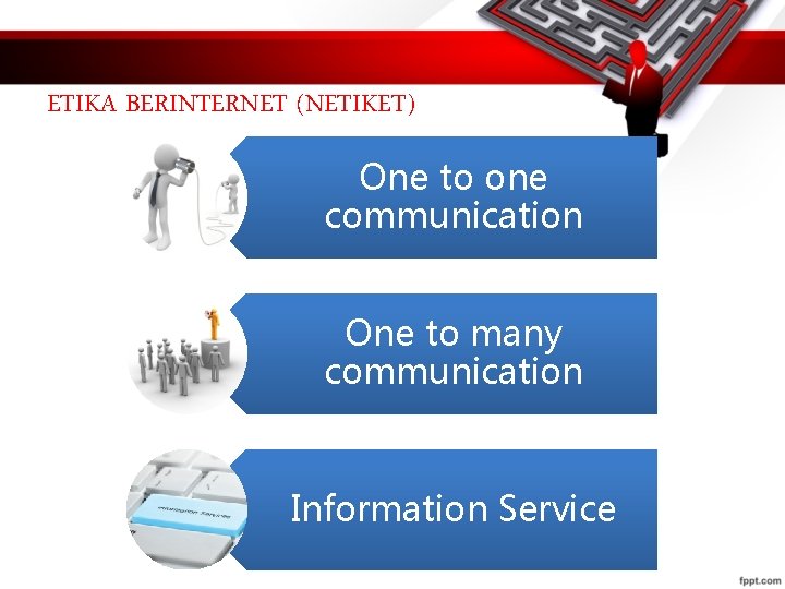 ETIKA BERINTERNET (NETIKET) One to one communication One to many communication Information Service 