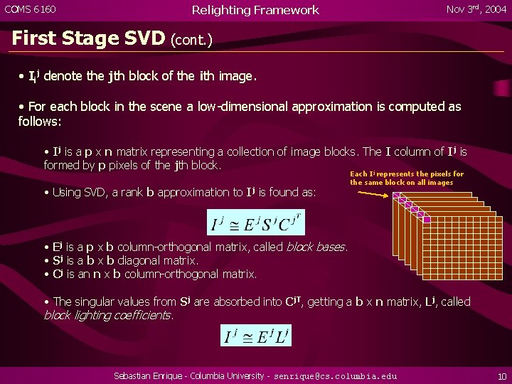 COMS 6160 Relighting Framework Nov 3 rd, 2004 First Stage SVD (cont. ) •