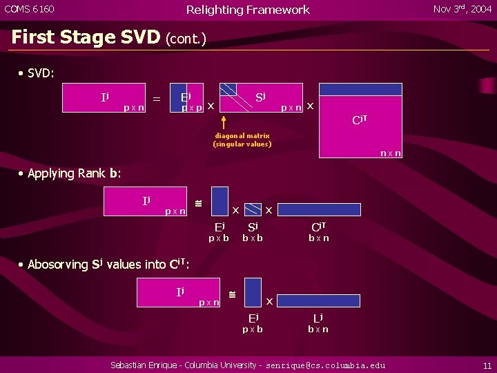 Relighting Framework COMS 6160 Nov 3 rd, 2004 First Stage SVD (cont. ) •