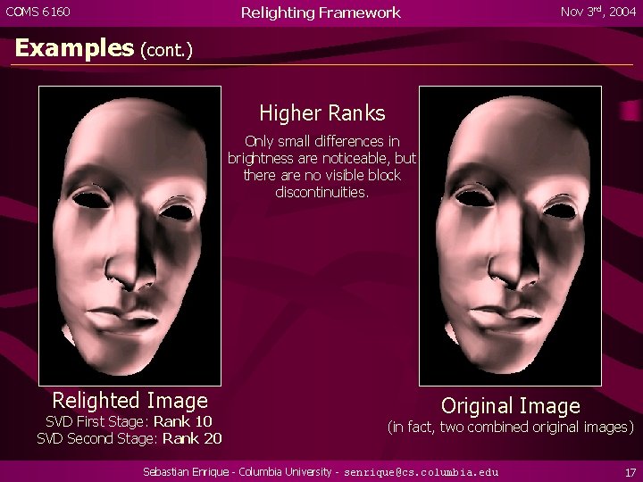 Relighting Framework COMS 6160 Nov 3 rd, 2004 Examples (cont. ) Higher Ranks Only